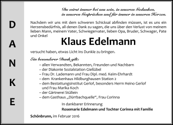 Traueranzeige von Klaus Edelmann von Südthüringer Presse