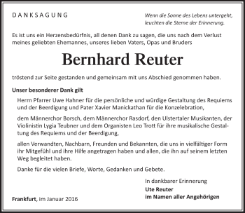 Traueranzeige von Bernhard Reuter von Südthüringer Presse