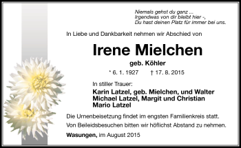 Traueranzeige von Irene Mielchen von Südthüringer Presse