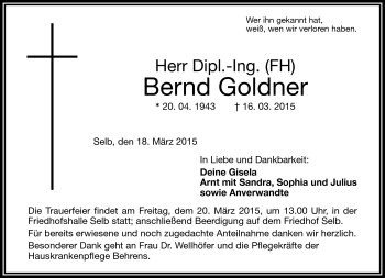 Traueranzeige von Bernd Goldner von Frankenpost