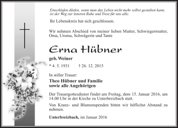 Traueranzeige von Erna Hübner von Südthüringer Presse