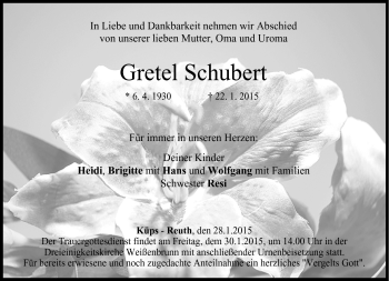 Traueranzeige von Gretel Schubert von Neue Presse Coburg