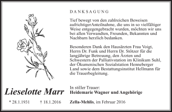 Traueranzeige von Lieselotte Marr von Südthüringer Presse