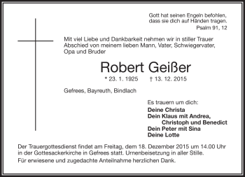 Traueranzeige von Robert Geißer von Frankenpost