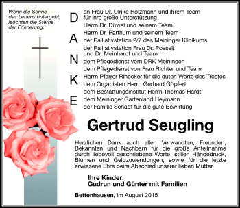 Traueranzeige von Gertrud Seugling von Südthüringer Presse