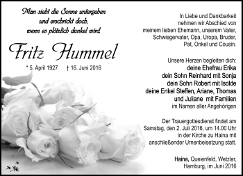 Traueranzeige von Fritz Hummel von Südthüringer Presse
