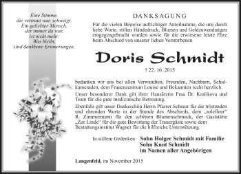 Traueranzeige von Doris Schmidt von Südthüringer Presse