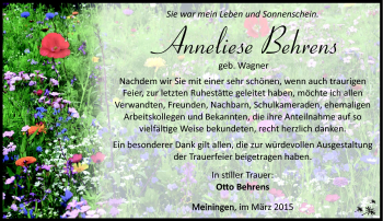 Traueranzeige von Anneliese Behrens von Südthüringer Presse