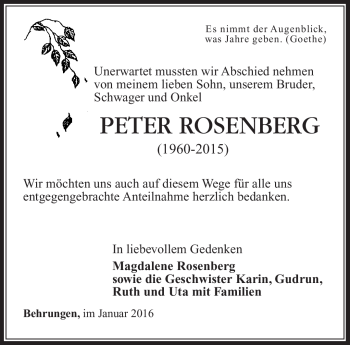 Traueranzeige von Peter Rosenberg von Südthüringer Presse