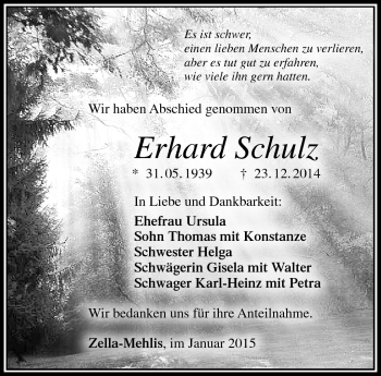 Traueranzeige von Erhard Schulz von Südthüringer Presse