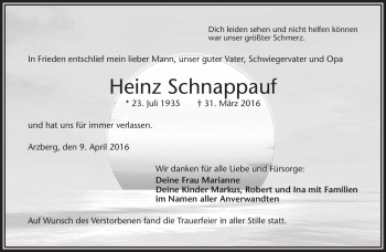 Traueranzeige von Heinz Schnappauf von Frankenpost