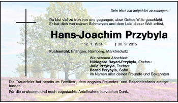 Traueranzeige von Hans-Joachim Przybyla von Frankenpost