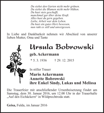 Traueranzeige von Ursula Bobrowski von Südthüringer Presse