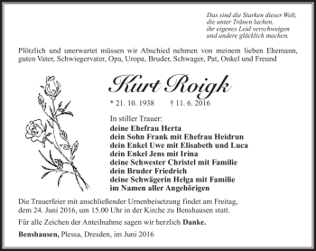 Traueranzeige von Kurt Roigk von Südthüringer Presse