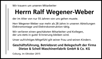 Traueranzeige von Ralf Wegener-Weber von Neue Presse Coburg