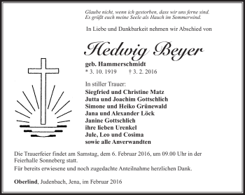 Traueranzeige von Hedwig Beyer von Südthüringer Presse