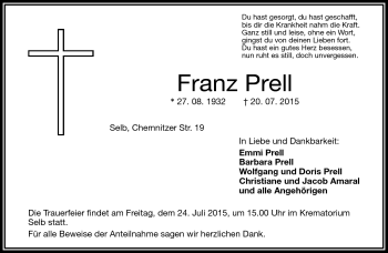 Traueranzeige von Franz Prell von Frankenpost