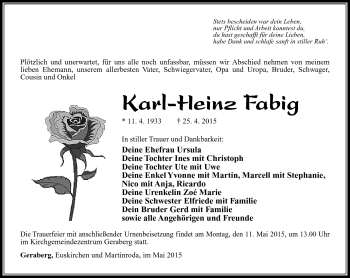 Traueranzeige von Karl-Heinz Fabig von Südthüringer Presse