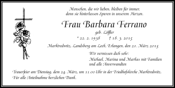 Traueranzeige von Barbara Ferrano von Frankenpost