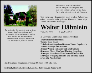 Traueranzeige von Walter Haehnlein von Südthüringer Presse