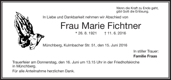 Traueranzeige von Marie Fichtner von Frankenpost