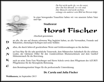 Traueranzeige von Horst Fischer von Südthüringer Presse