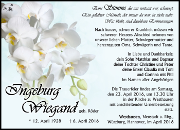 Traueranzeige von Ingeburg Wiegand von Südthüringer Presse