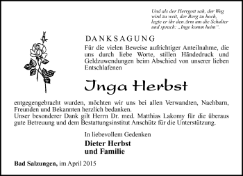 Traueranzeige von Inga Herbst von Südthüringer Presse