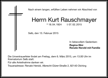 Traueranzeige von Kurt Rauschmayer von Frankenpost