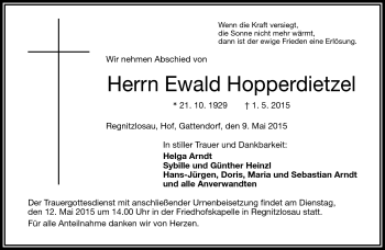 Traueranzeige von Ewald Hopperdietzel von Frankenpost