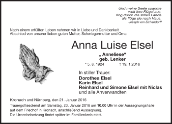 Traueranzeige von Anna Luise Elsel von Neue Presse Coburg