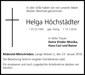 Traueranzeige von Helga Höchstädter von Neue Presse Coburg