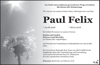 Traueranzeige von Paul Felix von Südthüringer Presse