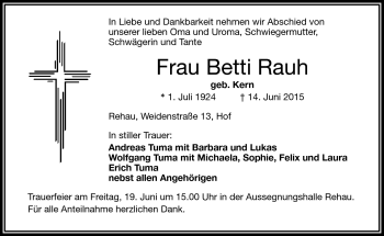 Traueranzeige von Betti Rauh von Frankenpost