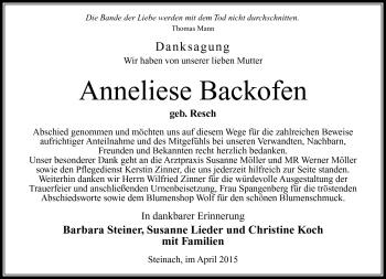 Traueranzeige von Anneliese Backofen von Südthüringer Presse