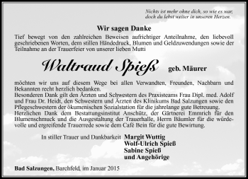 Traueranzeige von Waltraud Spieß von Südthüringer Presse
