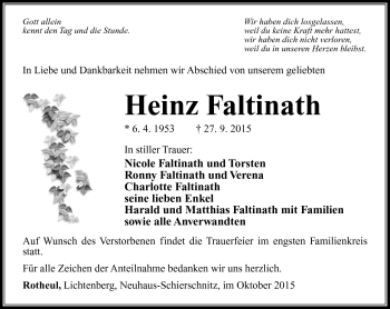 Traueranzeige von Heinz Faltinath von Südthüringer Presse