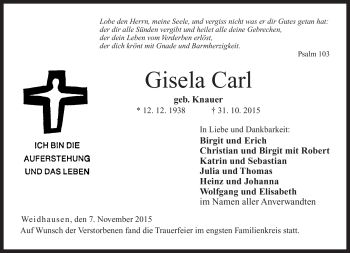 Traueranzeige von Gisela Carl von Neue Presse Coburg