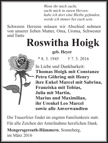 Traueranzeige von Roswitha Hoigk von Südthüringer Presse