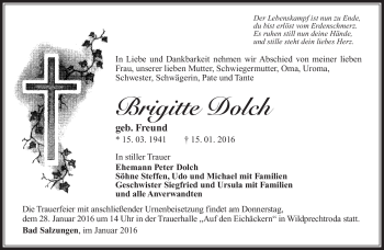 Traueranzeige von Brigitte Dolch von Südthüringer Presse