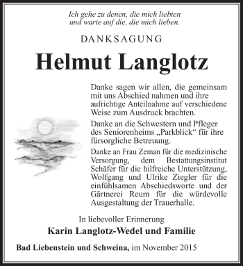 Traueranzeige von Helmut Langlotz von Südthüringer Presse