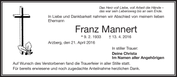 Traueranzeige von Franz Mannert von Frankenpost
