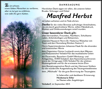 Traueranzeige von Manfred Herbst von Südthüringer Presse