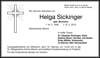 Traueranzeige von Helga Sickinger von Frankenpost