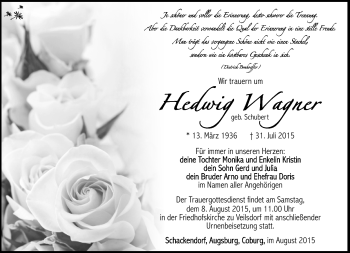 Traueranzeige von Hedwig Wagner von Südthüringer Presse