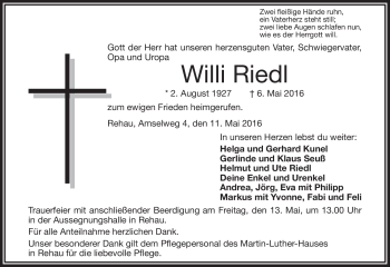 Traueranzeige von Willi Riedl von Frankenpost
