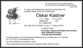 Traueranzeige von Oskar Kastner von Frankenpost