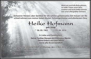 Traueranzeige von Heike HofANN von Südthüringer Presse
