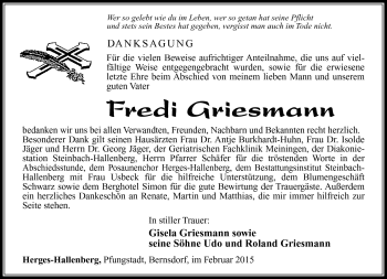 Traueranzeige von Fredi Griesmann von Südthüringer Presse