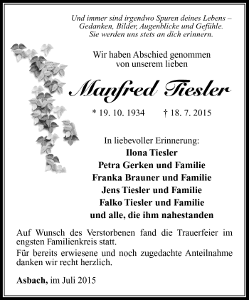 Traueranzeige von Manfred Tiesler von Südthüringer Presse
